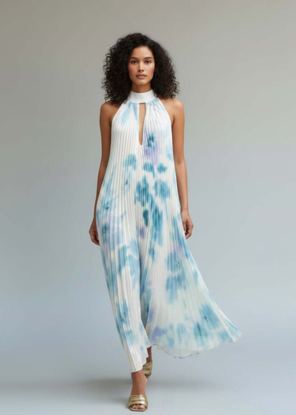 ELEGANT HALTER WHITE BLUE WATERCOLOR PLEATED SATIN OPEN BACK MAXI DRESS